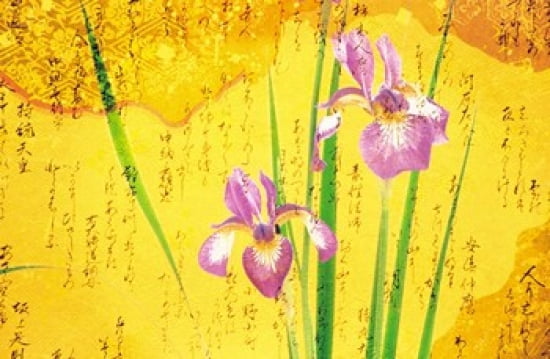 Oriental batik style purple bearded iris and green leaves on mottled gold background Canvas Art - Panoramic Images (36 x 24)