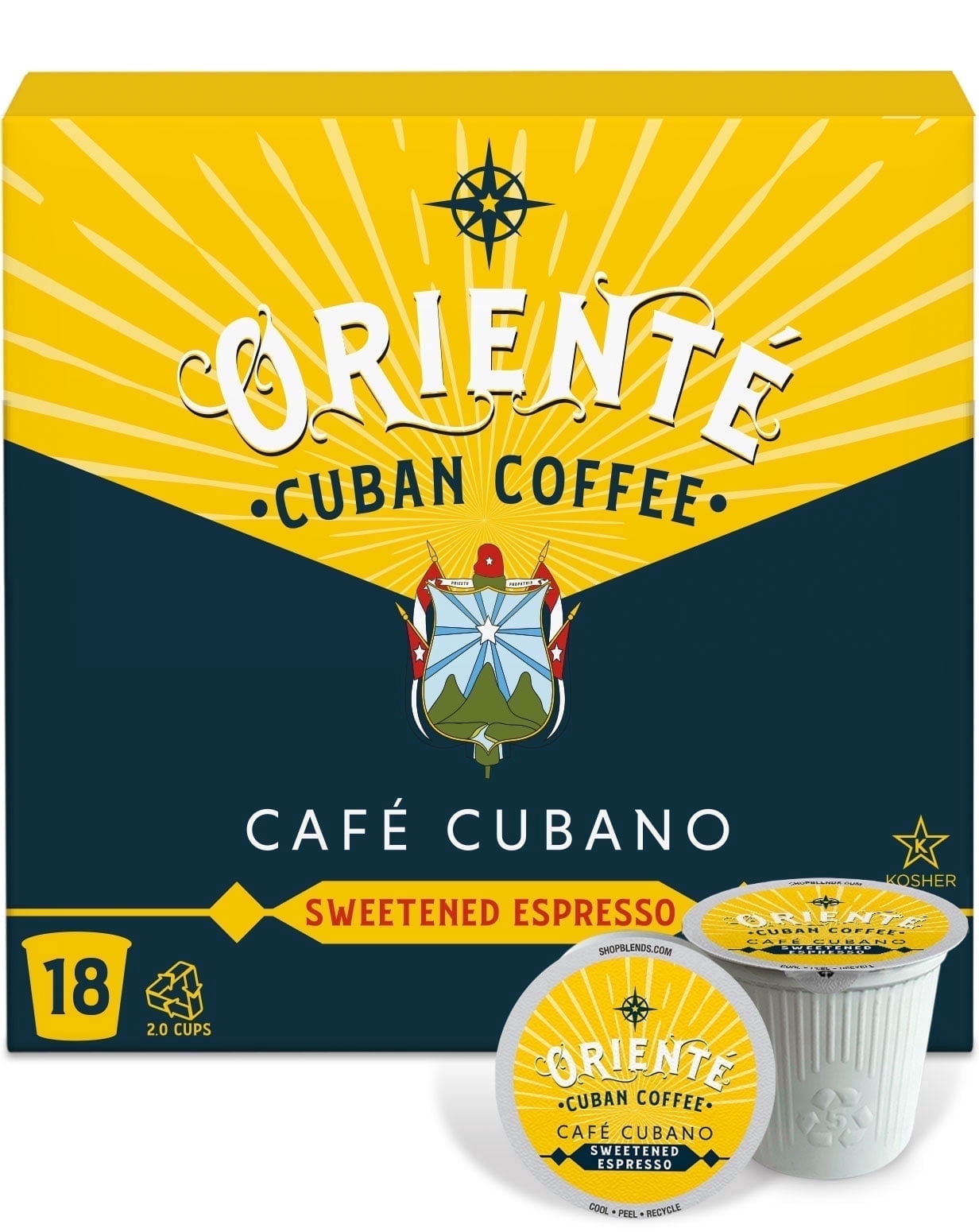 Oriente Cuban Coffee Roasters - Dark Roast Cafe Cubano Coffee - 18ct. - Solar Energy Produced Dark Roast Coffee Pods - Authentic Cuban Coffee Inspired Style - KCup Compatible