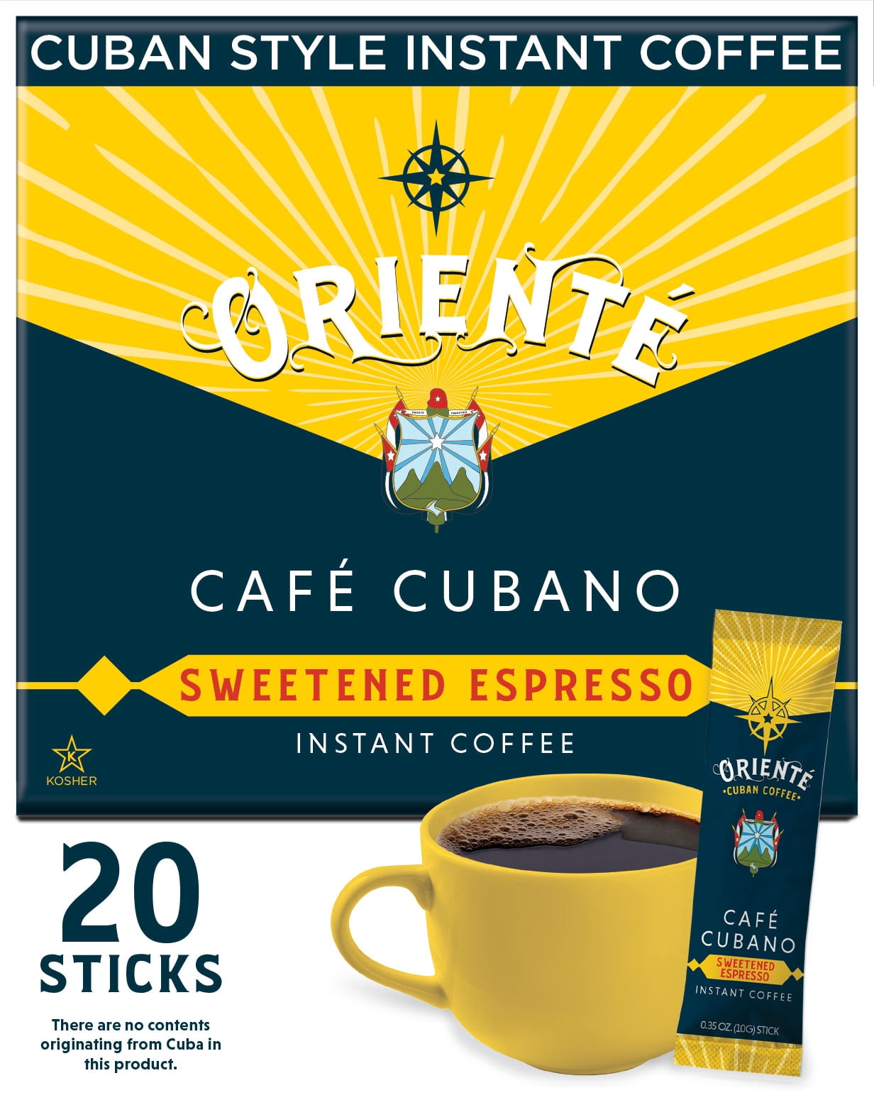 Oriente Cuban Coffee Roasters - Dark Roast Cafe Cubano Instant Coffee Packets Single Serve - 20ct - 100% Arabica Coffee Solar Energy Produced - Authentic Cuban Coffee Inspired Style