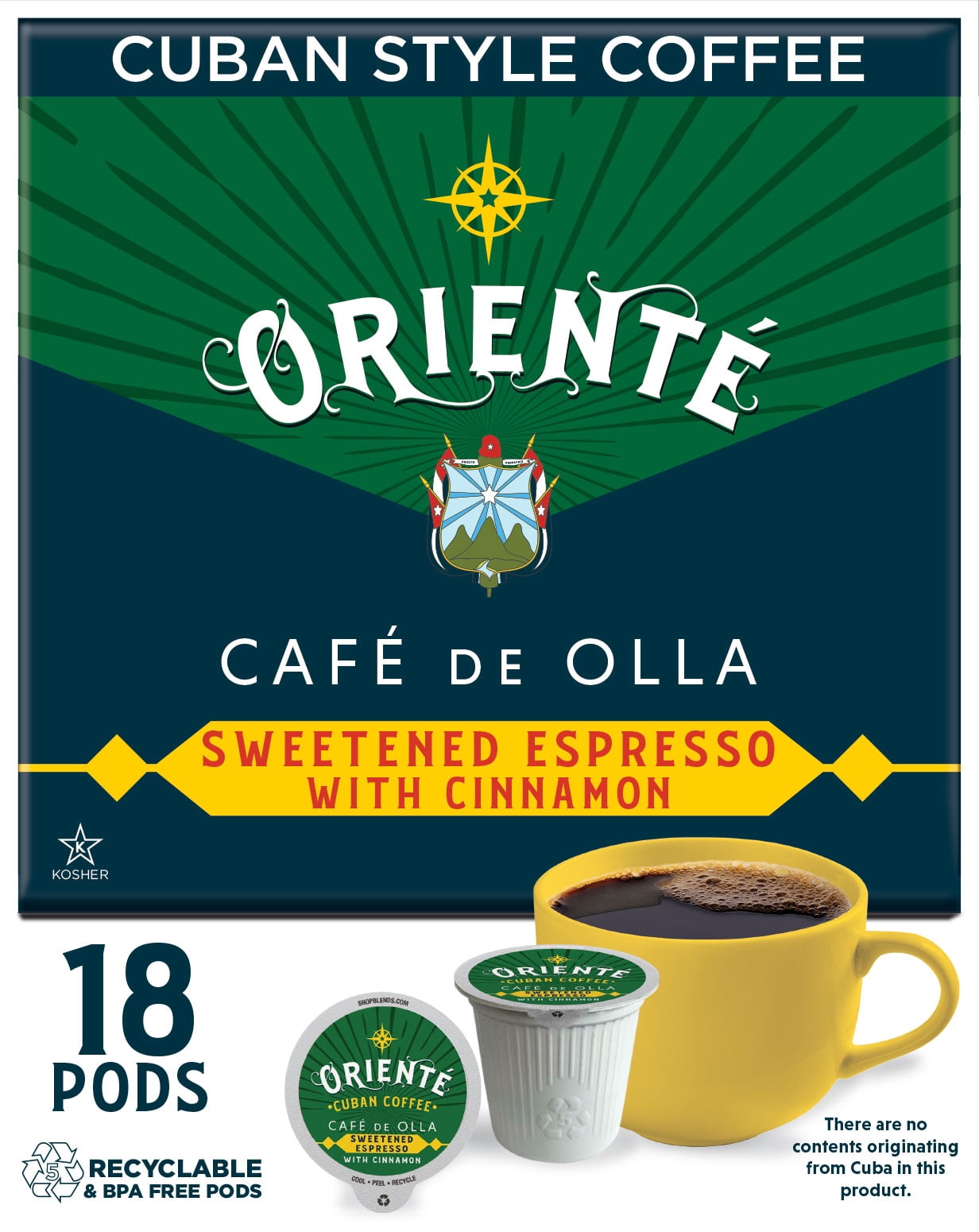 Oriente Cuban Coffee Roasters, Dark Roast Cafe De Olla Cuban Coffee Pods, Compatible w/ K-Cup Brewers, 18ct