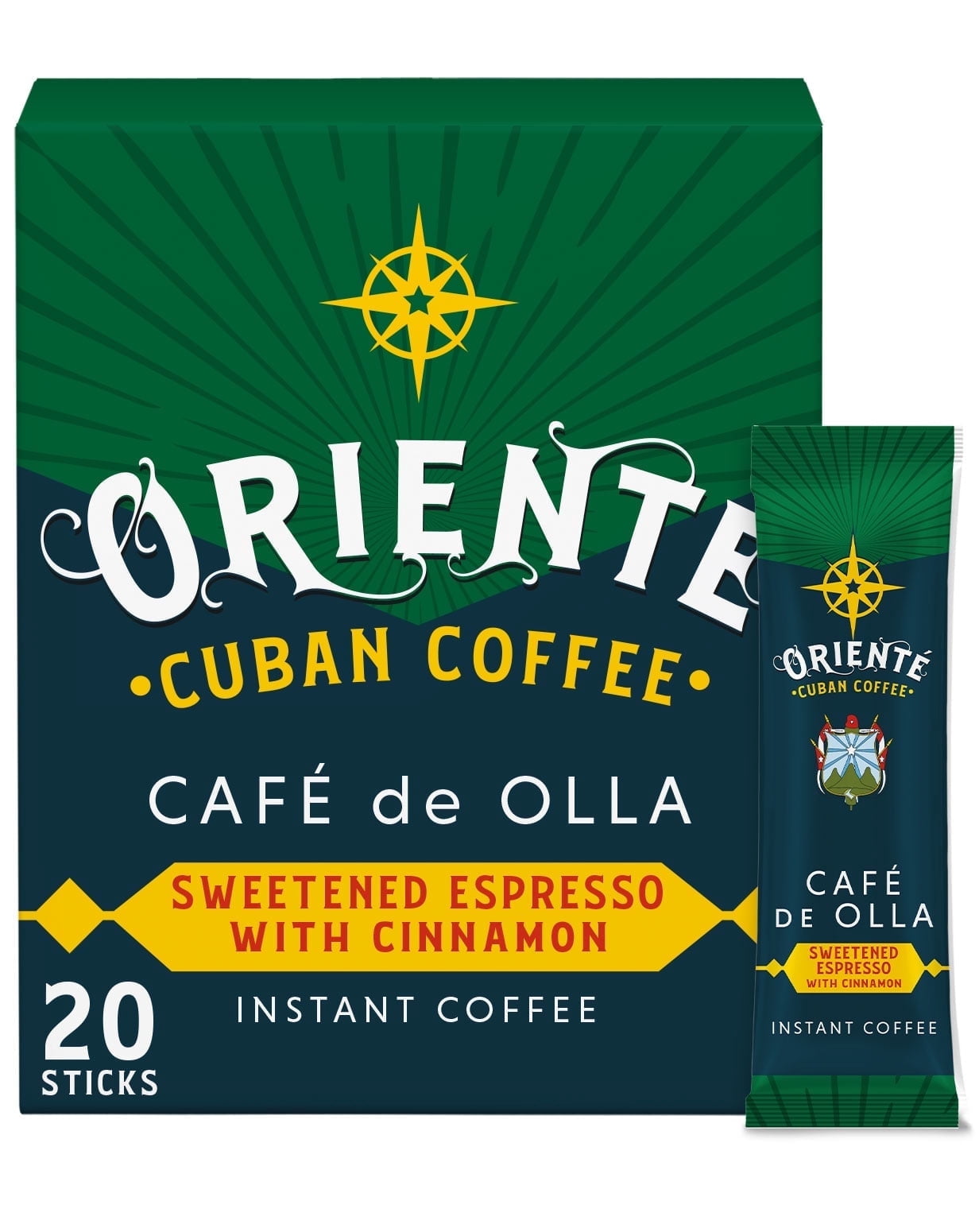 Oriente Cuban Coffee Roasters - Dark Roast Cafe De Olla Instant Coffee Packets Single Serve - 20ct - 100% Arabica Coffee Solar Energy Produced - Authentic Cuban Coffee Inspired Style