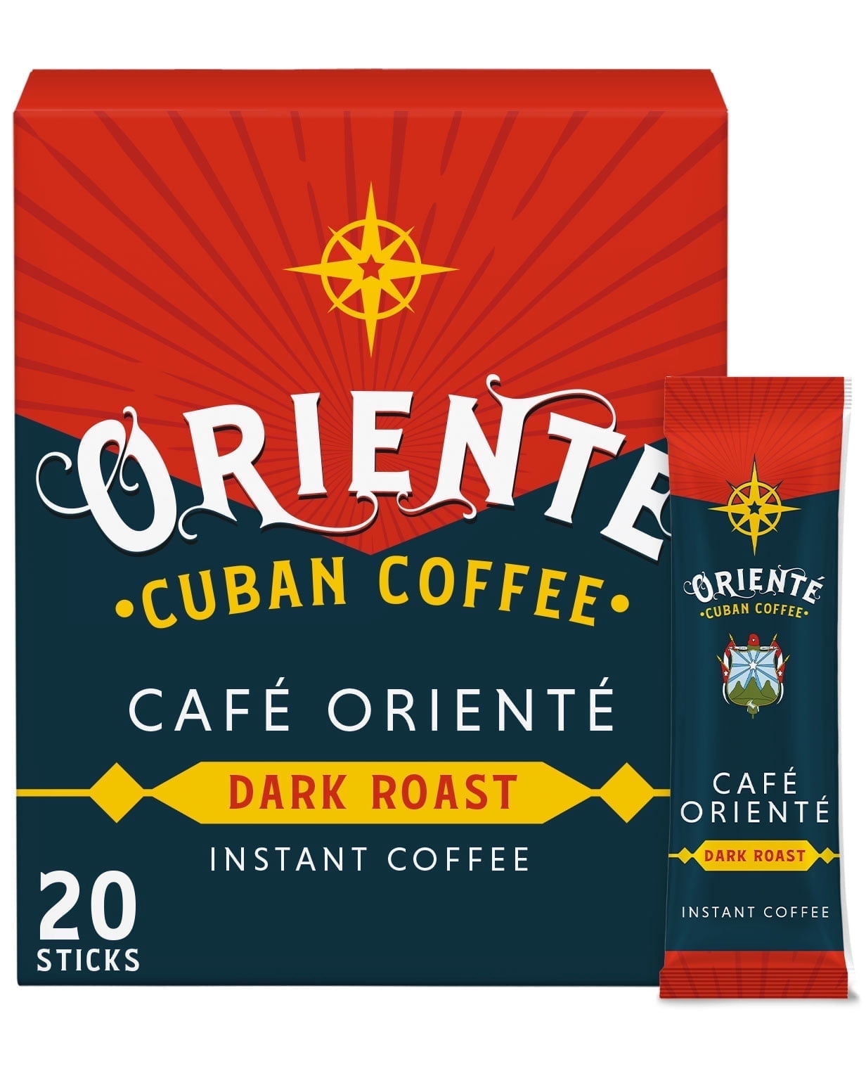 Oriente Cuban Coffee Roasters - Dark Roast Cuban Instant Coffee Packets Single Serve - 20ct - 100% Arabica Coffee Solar Energy Produced - Authentic Cuban Coffee Inspired Style