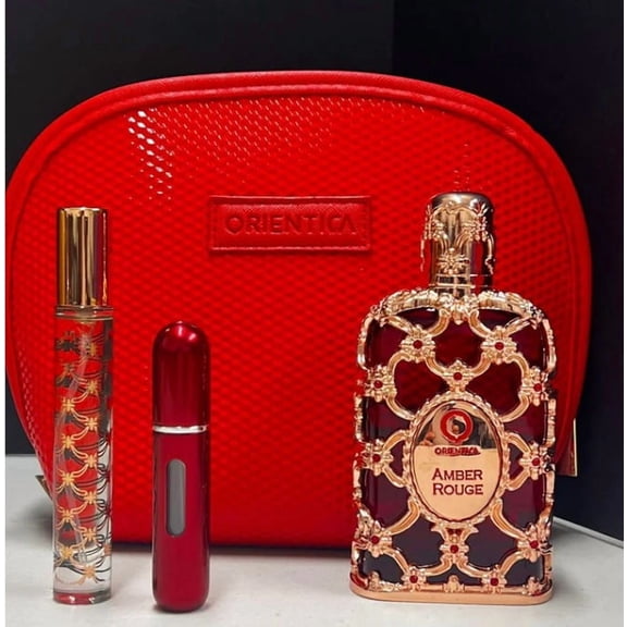 Amber Rouge by Orientica Gift Set for Women - 2.7oz EDP Spray, 10ml Travel Spray + Atomizer + Bag - New