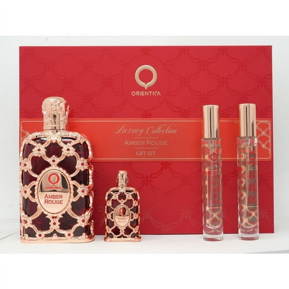 Orientica Amber Rouge 4pc Gift Set for Unisex - Includes (2.7 oz Eau de Parfum Spray + 0.25 oz Eau de Parfum + 2x 0.33 oz Eau de Parfum Spray)