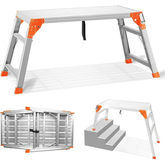 Multifunctional & Adjustable Work Platform with 330 lbs Capacity, 24 to 35 inches Step Ladder, Aluminum Folding Scaffolding Ladder, Heavy Duty Portable Bench Ladder Stool with Non-Slip Feet