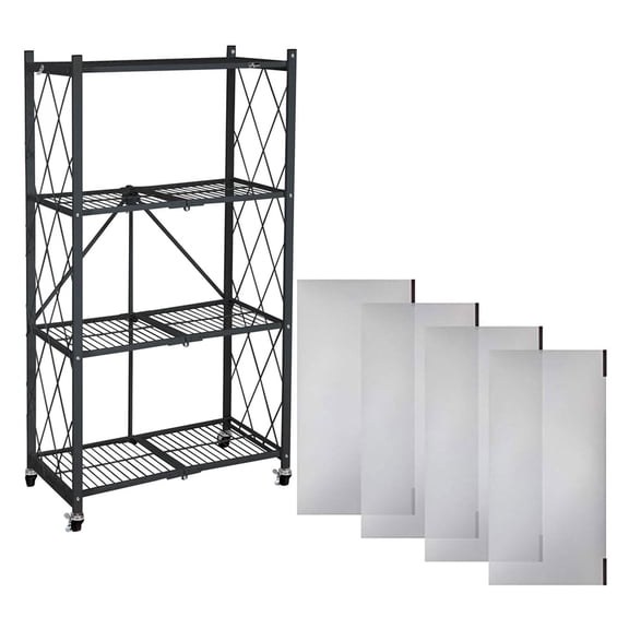 Origami 4 Tier Folding Storage Rack w/ Set of 4 Magnetic Wire Shelf Liners