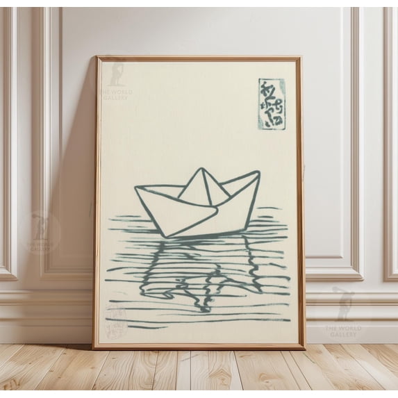 Origami Boat Poster, Minimal Japanese Wall Art, Line Drawing Water ...