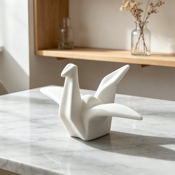 Origami Crane Ceramic Figurine Matte White Minimalist Paper Statue for Shelf Desk Living Room Office Wedding Home Decor Gift