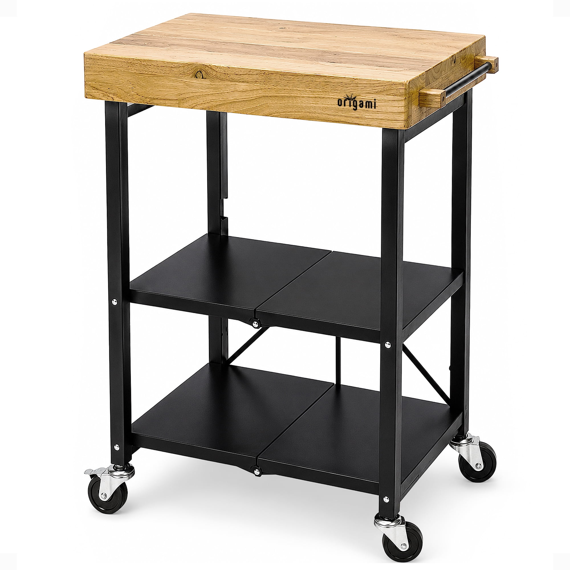 Origami, Foldable Wheeled Kitchen Island Cart, Wood Top, Black