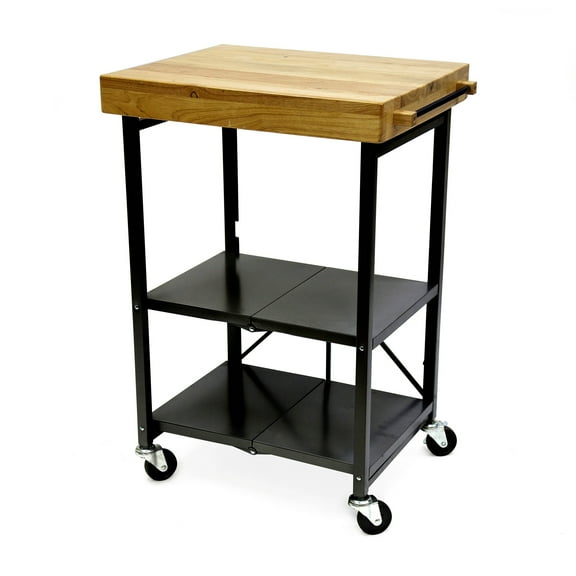 Origami Foldable Wheeled Portable Wood Top Kitchen Island Bar Cart, Black