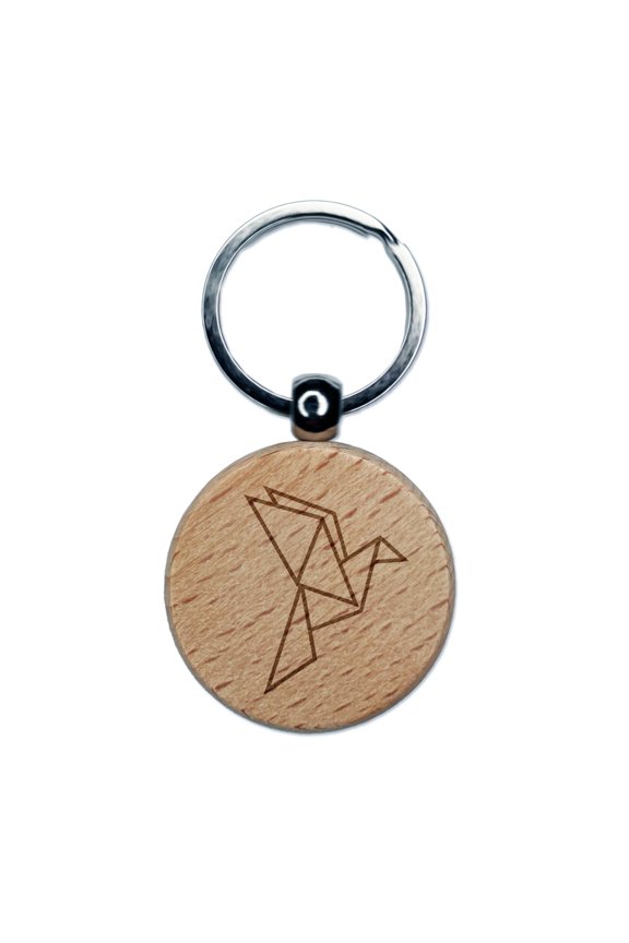 Origami Paper Bird Round Keychain Charm Tag - Engraved Wood