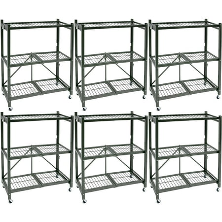Origami R3 Foldable 3-Tiered Shelf Storage Rack & Wheels, Pewter (6 Pack)