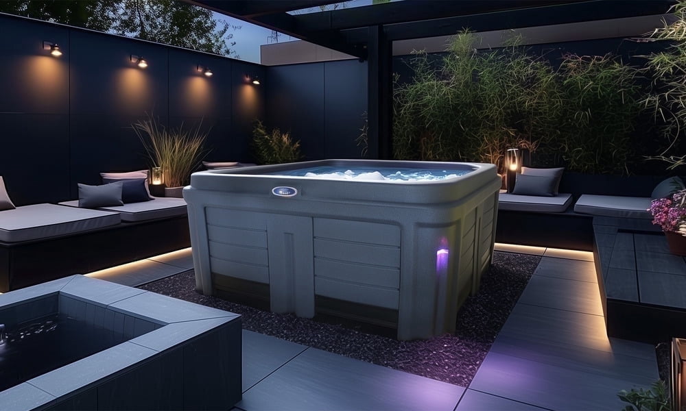 Origin 5‑Person 30‑Jet Lounger Plug & Play Hot Tub – 120V/240V, Stainless Steel Heater, Ozone System, Waterfall & LED Lighting (Gray)