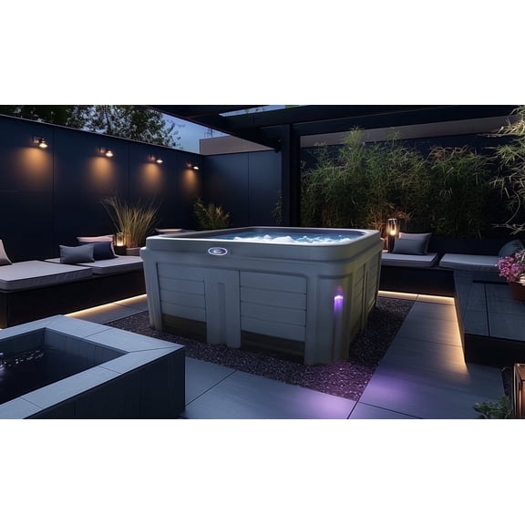 Origin 5‑Person 30‑Jet Lounger Plug & Play Hot Tub – 120V/240V, Stainless Steel Heater, Ozone System, Waterfall & LED Lighting (Gray)