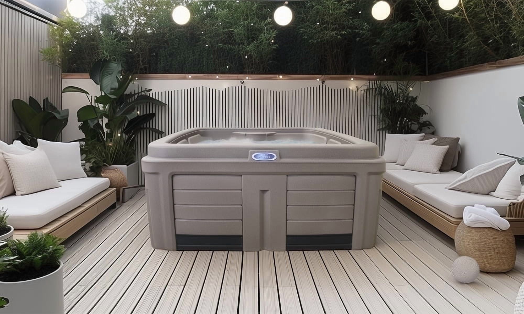 Origin 5‑Person 30‑Jet Lounger Plug & Play Hot Tub – 120V/240V, Stainless Steel Heater, Ozone System, Waterfall & LED Lighting (Mocha)