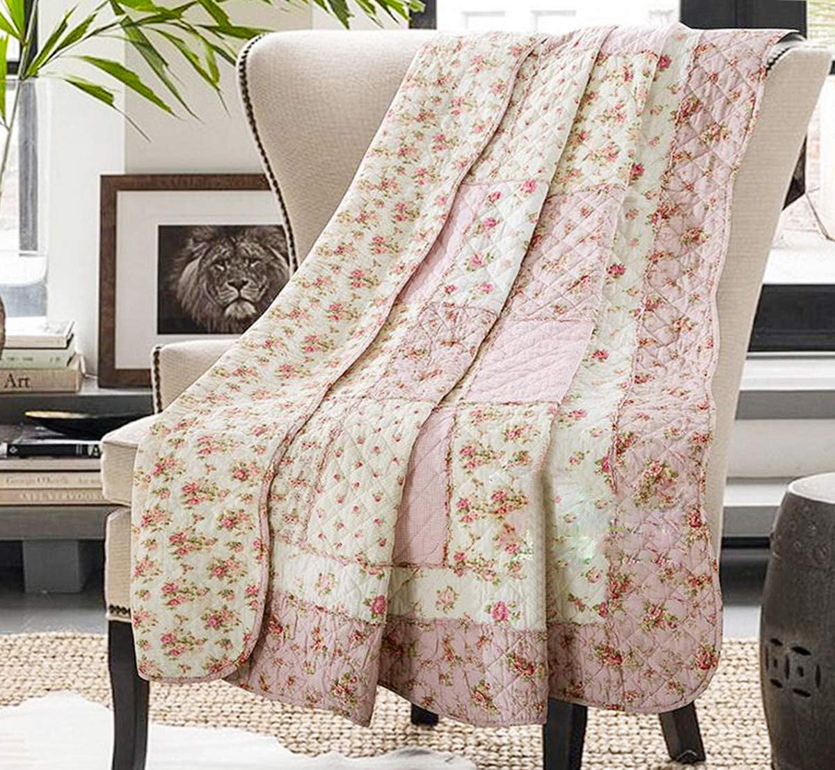 Original 100% Cotton Patchwork Quilt Full Queen Size Pink Floral Bedspread Coverlet Reversible Vintage Shabby Chic Quilted Throw Blanket Bed Quilt Cover for Couch Sofa