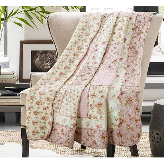 Original 100% Cotton Patchwork Quilt Twin Size Pink Floral Bedspread Coverlet Reversible Vintage Shabby Chic Quilted Throw Blanket Bed Quilt Cover for Couch Sofa