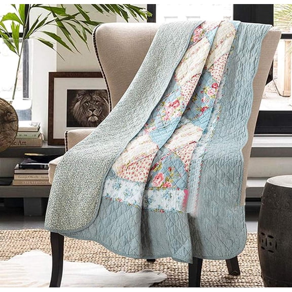 Original 100 Quilted Large Blue Floral Patchwork Quilted Blanket, Reversible Bedspread, Vintage Shabby Chic Bed Sofa Quilt