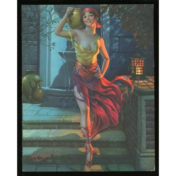 Original 1940s Gene Pinup Girl Litho Print. Gypsy Woman Holding Jug, with Lantern,Painting Art, Dining Room Wall Decor Ideas, Art Deco Frameless 12x16inch