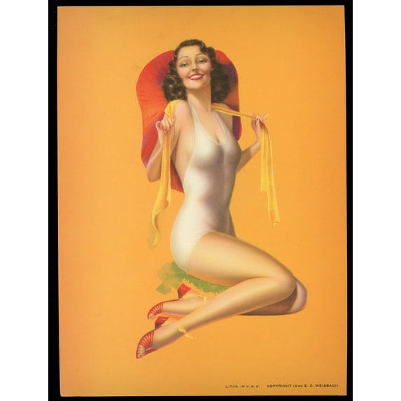 Original 1940s Pinup Girl Print. Woman with Sun Hat, White Swimsuit and Red Heels,Painting Art, Dining Room Wall Decor Ideas, Art Deco Frameless 20x30inch