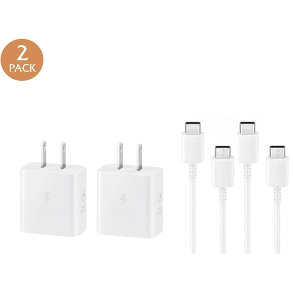 Original 2PACK 25W Power Wall Charger Adapter with 4ft Cable for Samsung Galaxy A03s - Advanced Super Fast Charging Technology, Compact Design, Energy Efficient - White