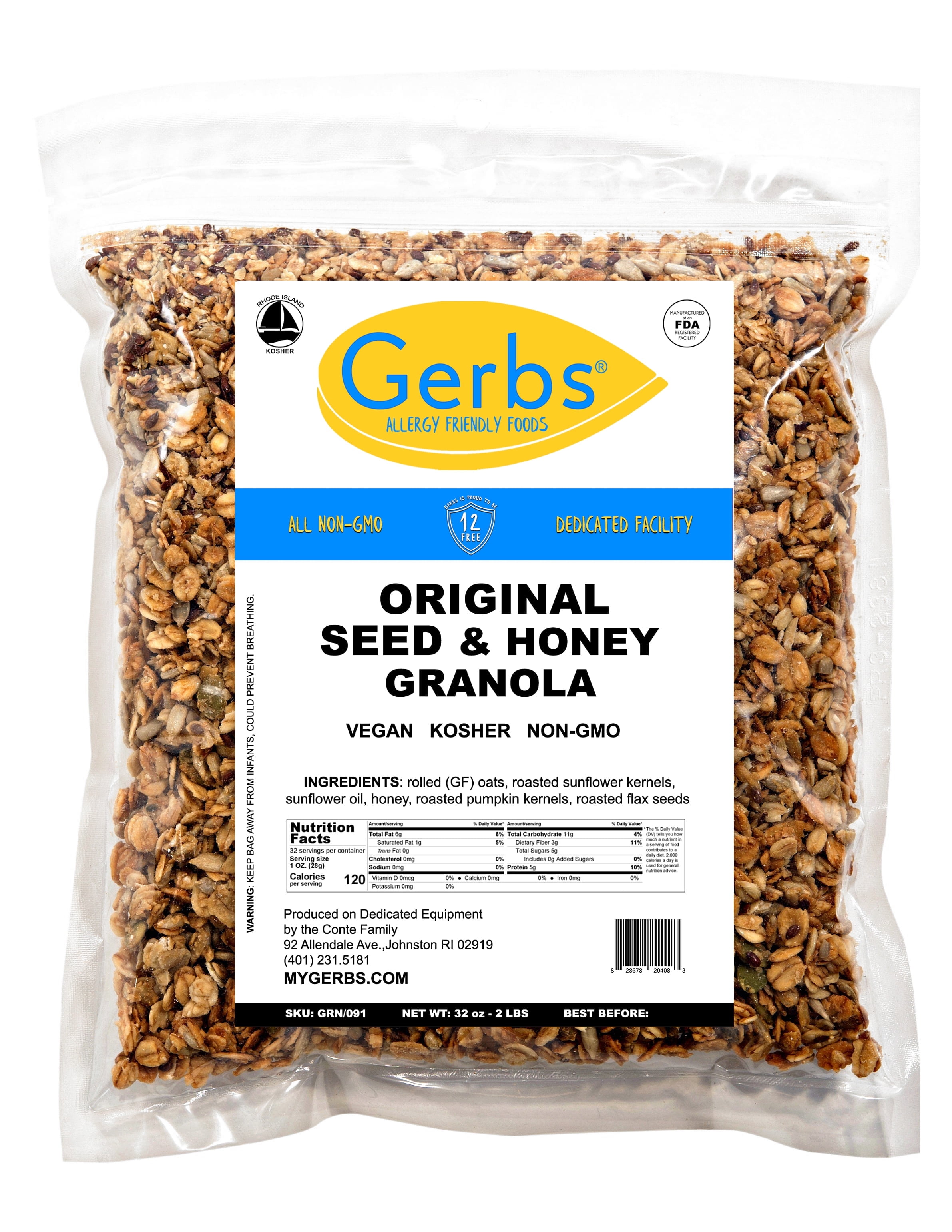 Original 3 Seed n' Honey Granola by Gerbs - 2 LBS - Top 14 Food Allergen Free & NON GMO
