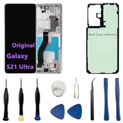 Original 6.8" AMOLED Display for Samsung Galaxy S21 Ultra Screen Replacement OEM S21Ultra 5G SM-S998U SM-S998U1 Display Touch Screen Digitizer Assembly with Silver Frame+Back Cover Adhesive+Tools