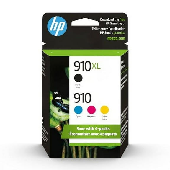 Original 910 Cyan, Magenta, Yellow / 910XL Black Ink Cartridges (4-Pack) | Works OfficeJet 8010, 8020 Series OfficeJet Pro 8020, 8030 Series | Eligible for Ink | 3JB41AN