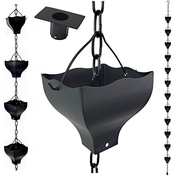 Original 9FT Black Tulip Iron Rain Chains for Gutter and Rain Barrel, Replacement for Downspout, Rust-Resistant Plated Garden Dcor Rain Chain, Bonus Rain Chain Gutter Adapter, Earrings for House
