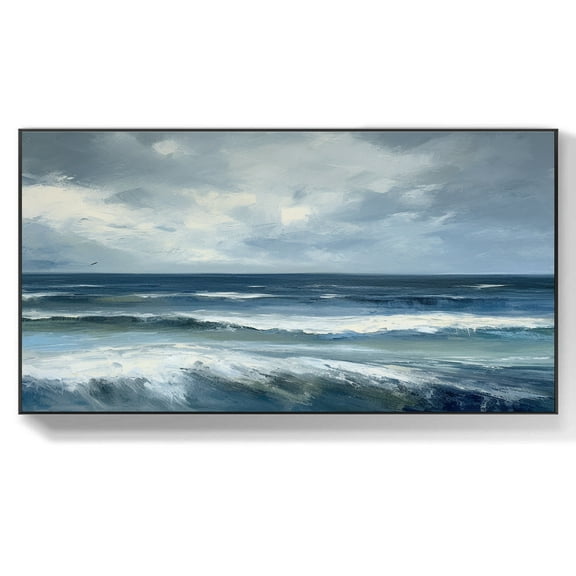 Original Abstract Ocean Oil Painting Textured White Waves Expansive Sky and Sea Canvas Large Modern Wall Art for Living Room,Unstretched,Frameless,(41*61cm)16*32Inches
