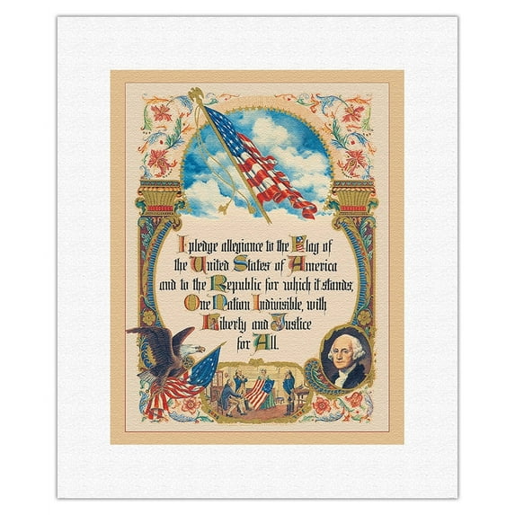 Original American Pledge of Allegiance - One Nation Indivisible Version - Vintage Patriotic Poster by J. R. Rosen, A. E. Hilton c.1940s - Fine Art Rolled Canvas Print 11in x 14in