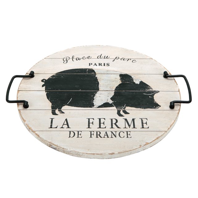 Synovana Farmhouse Wooden Serving Tray with Handles 15" French Farm Pig