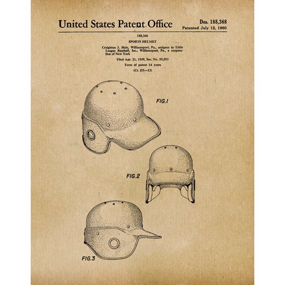 Original Baseball Helmet Artwork Submitted In 1960 - Baseball - Patent Art Print