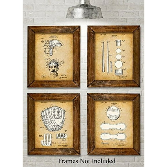 Original Baseball Patent Art Prints - Set of Four Photos (8x10) Unframed - Great Gift for Baseball Players or Boy's Room Decor