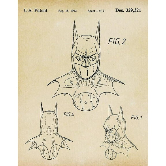 Original Batman Mask Artwork Submitted In 1992 - Superheroes - Patent Art Print