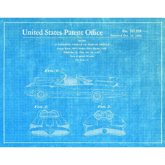 Original Batmobile Artwork Submitted In 1966 - Superheroes - Patent Art Print