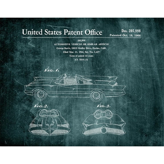 Original Batmobile Artwork Submitted In 1966 - Superheroes - Patent Art Print