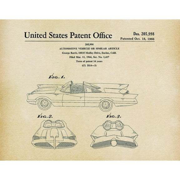 Original Batmobile Artwork Submitted In 1966 - Superheroes - Patent Art Print