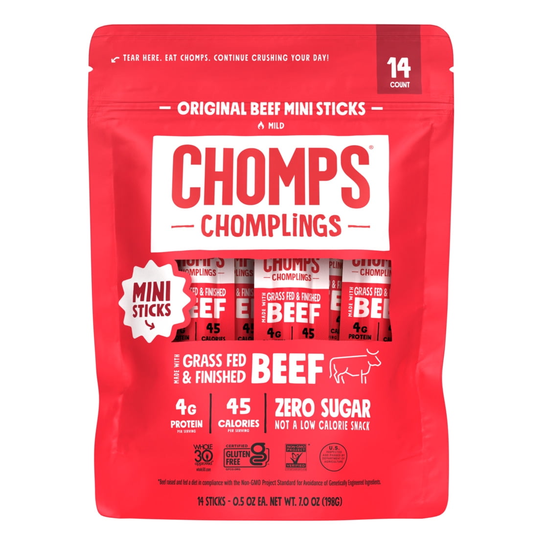 Chomplings Original Beef Mini Jerky Meat Sticks, 4g of Protein (14 Count), Certified Gluten Free and Free From Top 9 Allergens