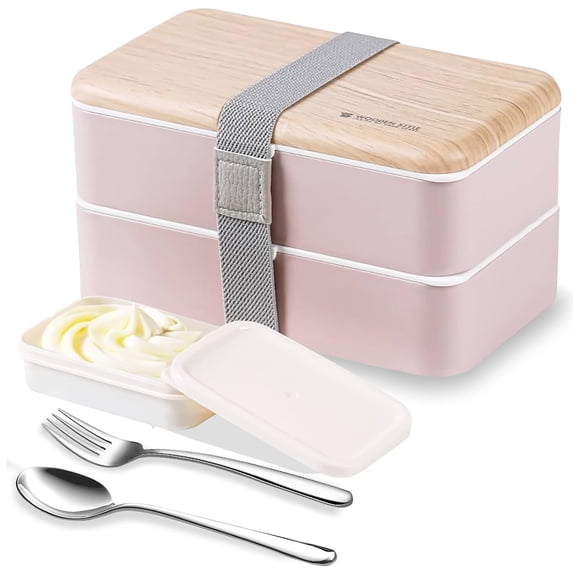 Original Bento Box Lunch Box Japanese Style 2 Layer Food Containers with Utensils Spoon and Fork Bundle Divider Salad Box for Men Women(Pink)