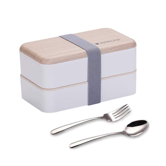 Original Bento Box Lunch Box Japanese Style 2 Layer Food Containers with Utensils Spoon and Fork Bundle Divider Salad Box for Men Women(White)