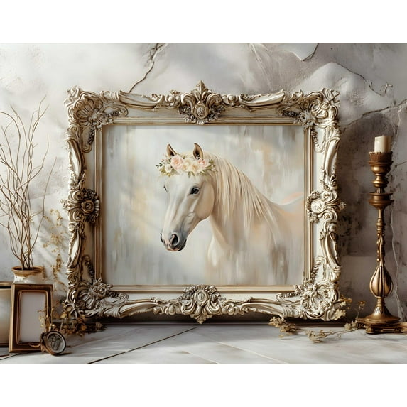 Original Boho Horse Print, Floral Crown Horse Wall Art, Elegant White Horse Print, Girls Room & Cottagecore Decor, Rustic Nursery Decor Home Decor #406, Unframed Poster Size 8x12