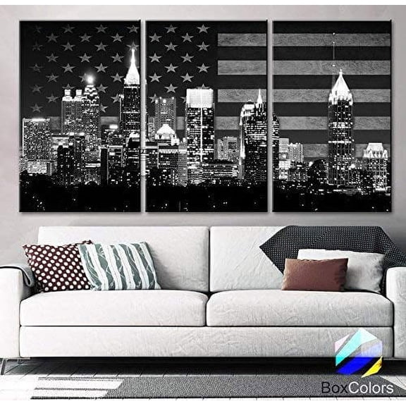 Original by BoxColors LARGE 30"x 60" 3 Panels 30"x20" Ea Art Canvas Print Flag USA Atlanta skyline light buildings black & white Wall Home Office decor (framed 1.5" depth)