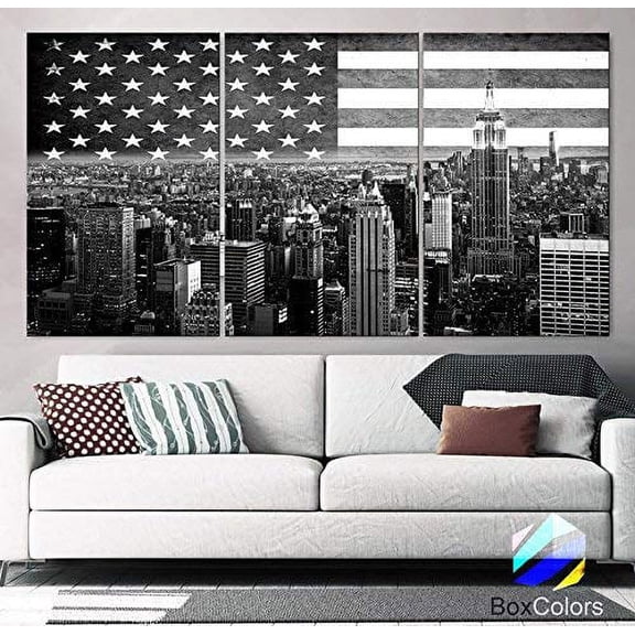 Original by BoxColors LARGE 30"x 60" 3 Panels 30"x20" Ea Art Canvas Print Flag USA Manhattan NY skyline light buildings black & white Wall Home Office decor (framed 1.5" depth)