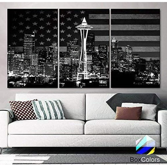 Original by BoxColors LARGE 30"x 60" 3 Panels 30"x20" Ea Art Canvas Print Flag USA Seattle Washington skyline light buildings black & white Wall Home Office decor (framed 1.5" depth)