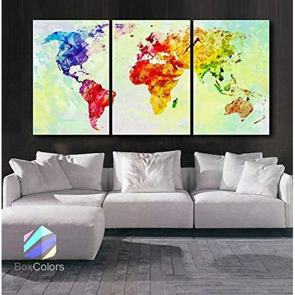 Original by BoxColors LARGE 30"x 60" 3 Panels 30"x20" Ea Art Canvas Print Original Watercolor multi color Map Wall decor Home interior (framed 1.5" depth)