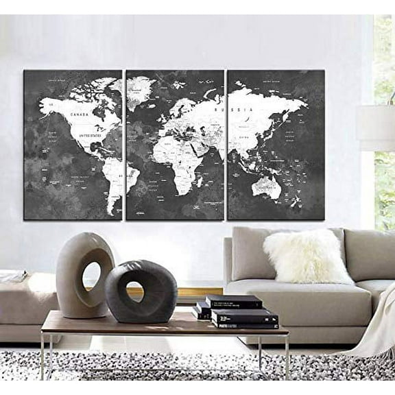 Original by BoxColors LARGE 30"x 60" 3 Panels 30"x20" Ea Art Canvas Print Watercolor Map World countries cities Push Pin Travel Wall color Black White Gray decor Home interior (framed 1.5" depth)