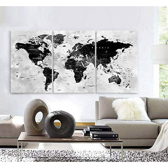 Original by BoxColors LARGE 30"x 60" 3 Panels 30"x20" Ea Art Canvas Print Watercolor Map World countries cities Push Pin Travel Wall color Black White Gray decor Home interior (framed 1.5" depth)