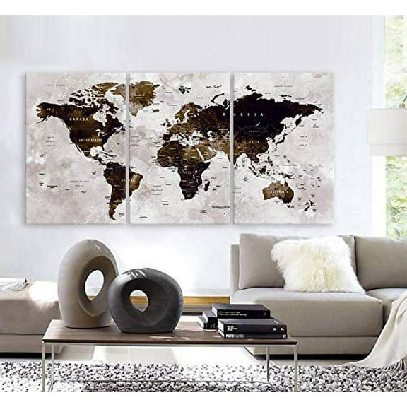Original by BoxColors LARGE 30"x 60" 3 Panels 30"x20" Ea Art Canvas Print Watercolor Map World countries cities Push Pin Travel Wall color Brown beige dark decor Home interior (framed 1.5" depth)