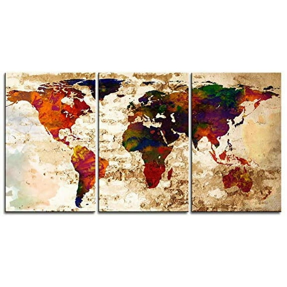 Original by BoxColors LARGE 30"x 60" 3 Panels 30"x20" Ea Art Canvas Print Watercolor Texture Map Old brick Wall Full color red orange decor Home interior (framed 1.5" depth)